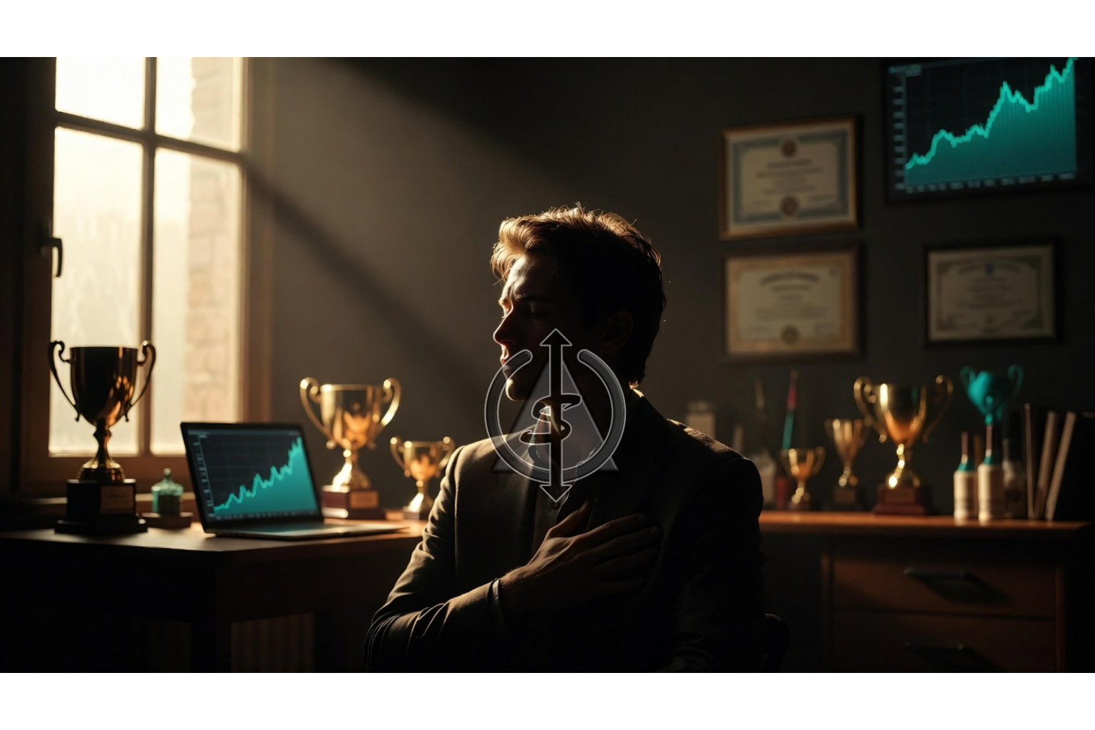 Person sitting in soft light with trophies and certificates blurred behind them, symbolizing the emptiness of achievement without self-worth.