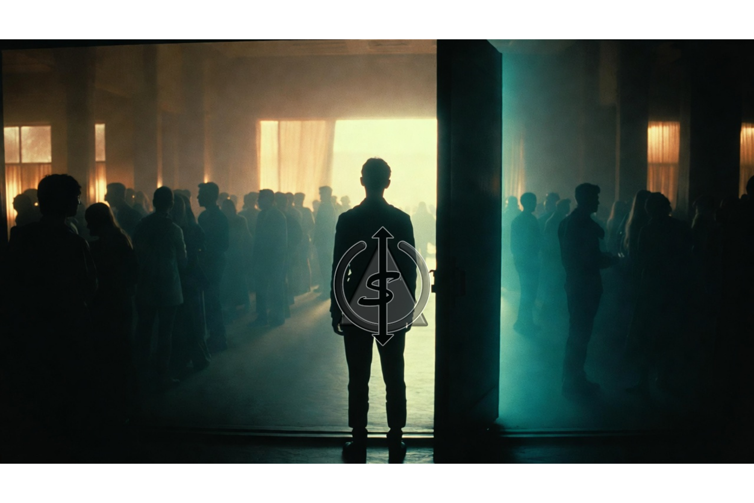 Person standing in a doorway leaving a dim crowded room for a brighter quiet hallway, symbolizing leaving a traumatizing environment to heal elsewhere.