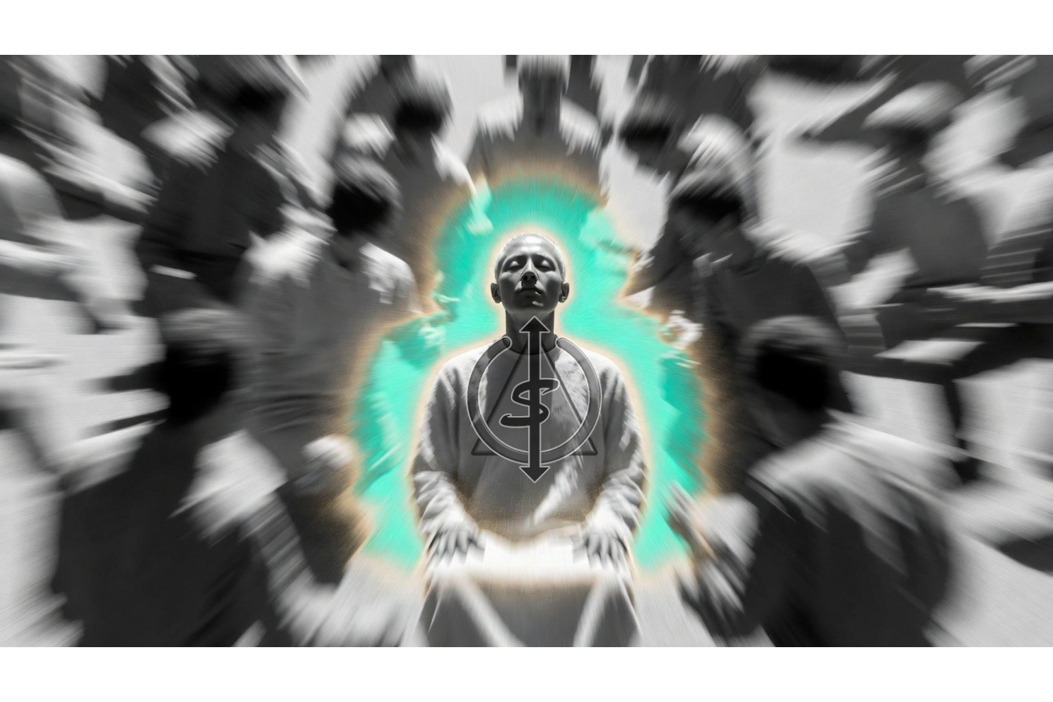 Black and white image of calm person with closed eyes surrounded by motion-blurred chaos with teal protective aura, representing non-negotiable peace and finite energy protection.