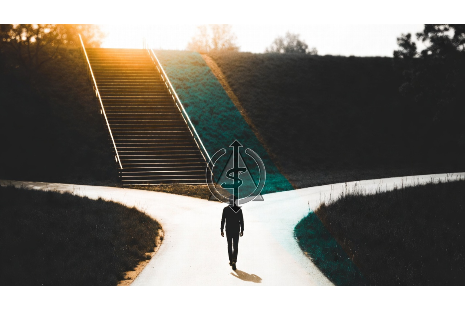 Person walking on splitting path with one ascending toward golden light and other staying level in shadows, representing choosing growth over comfort in relationships.