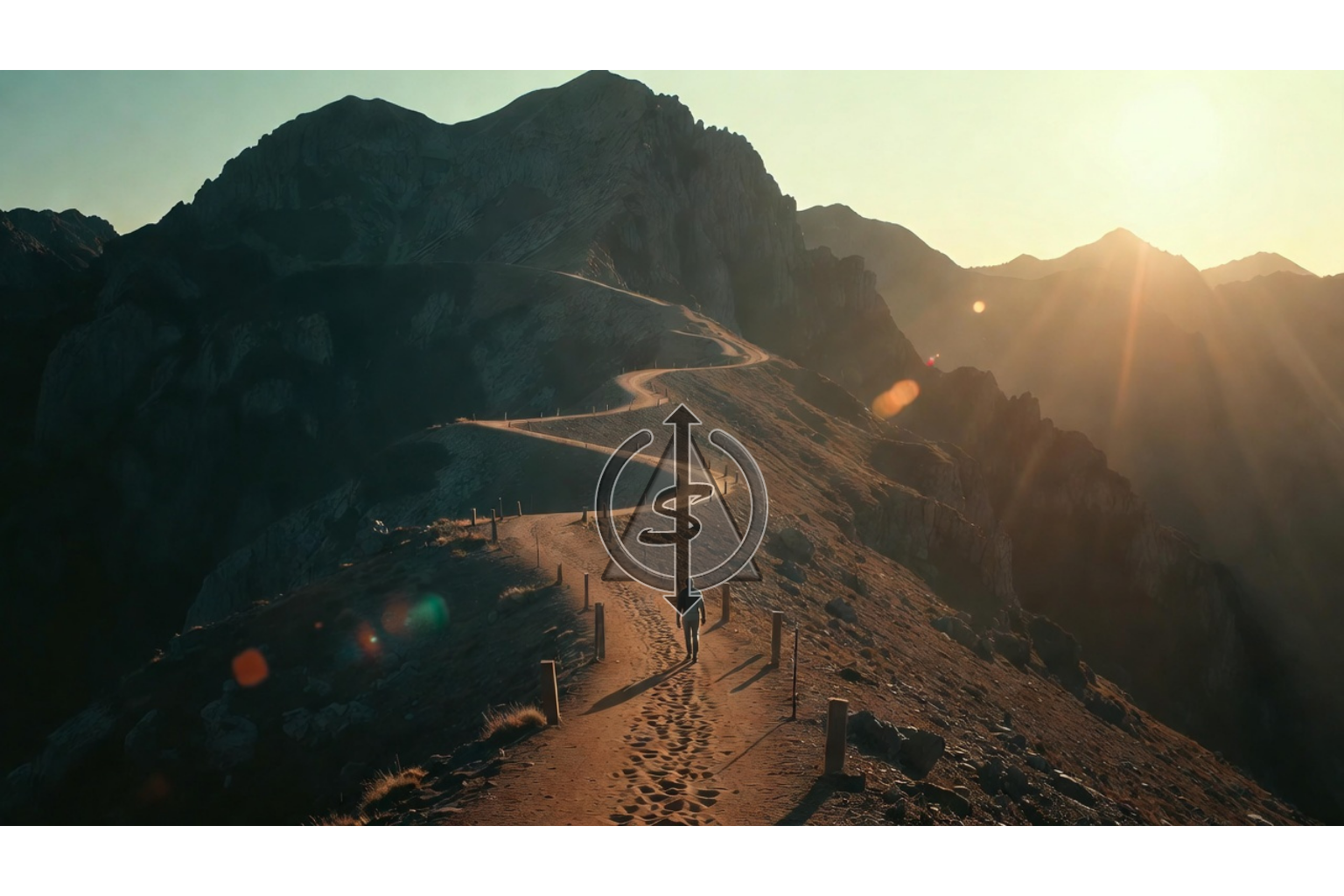 Person on mountain path with visible footprints behind them starting at higher elevation, symbolizing starting from experience not starting over.