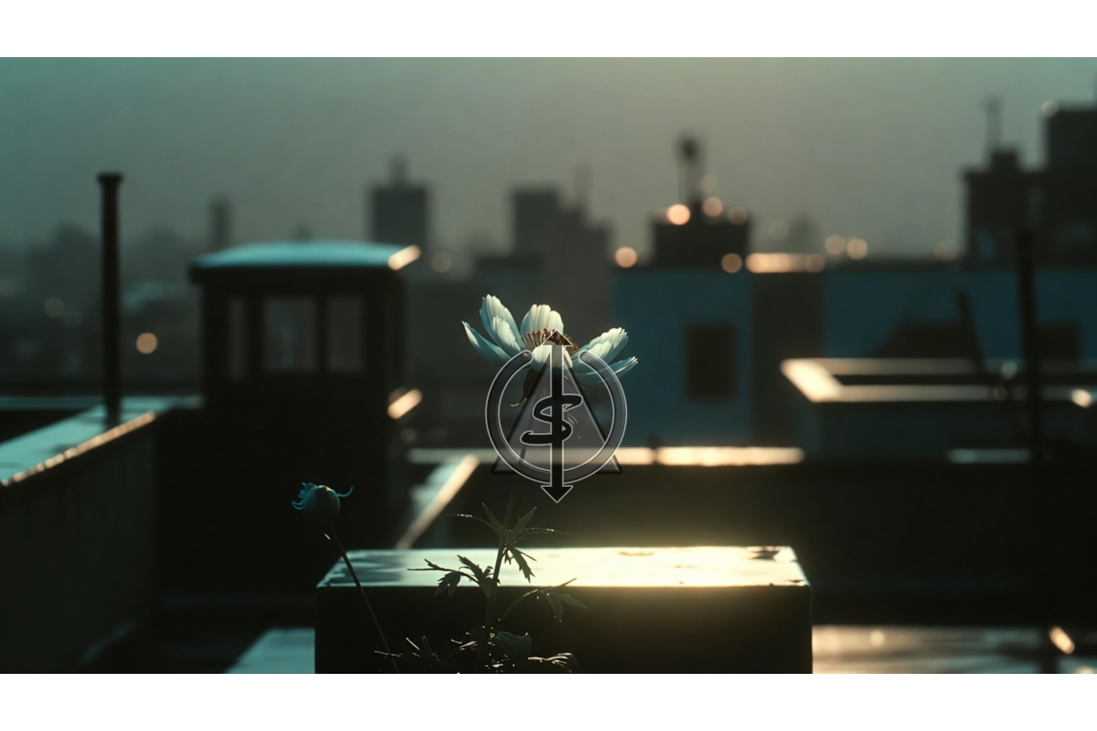 Single flower blooming quietly on a shaded city rooftop at sunrise, symbolizing silent growth while the world is still catching up.