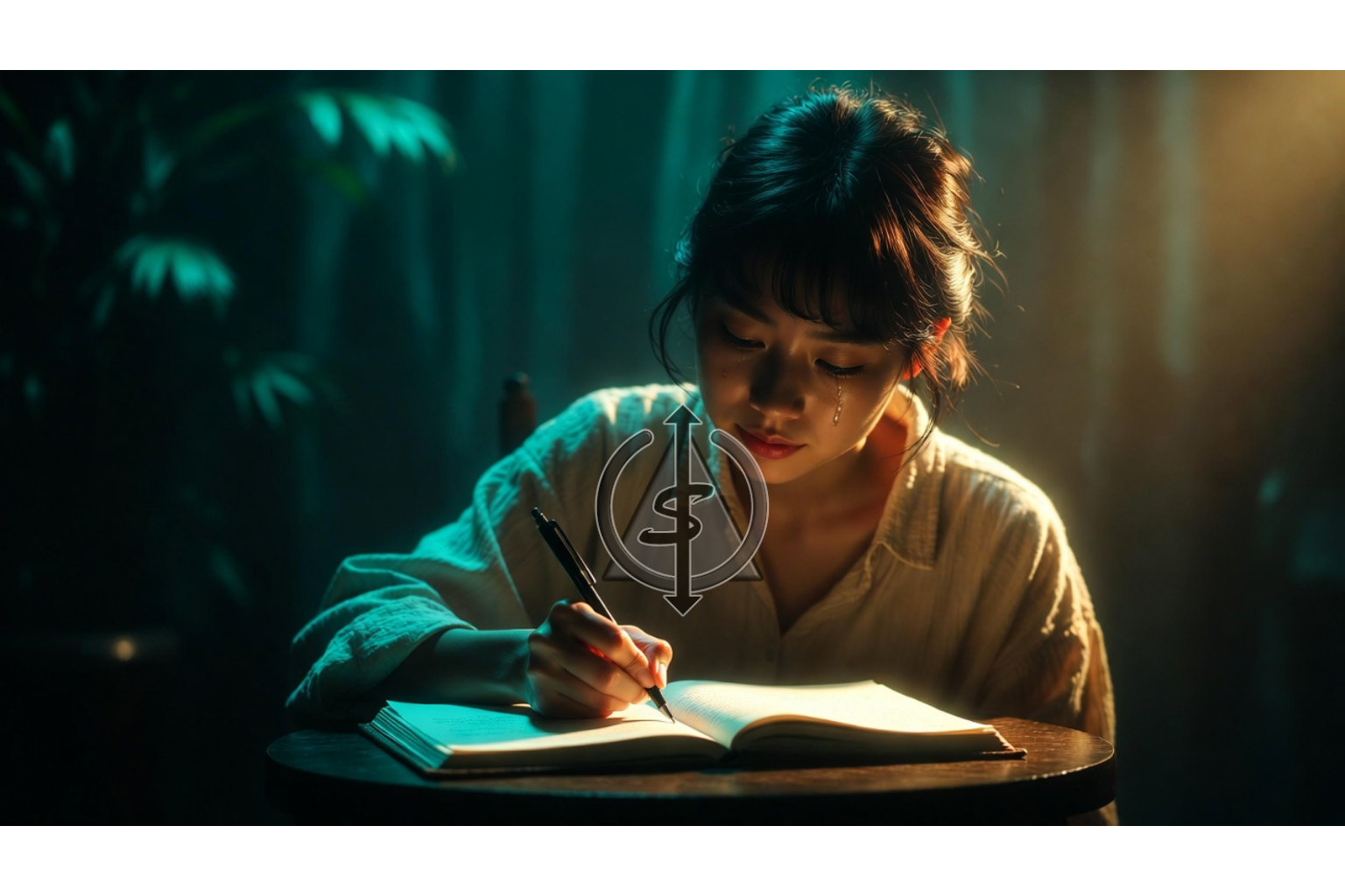 Person sitting alone writing in a notebook with soft light on the page, symbolizing apologizing to yourself and self-forgiveness after trauma.