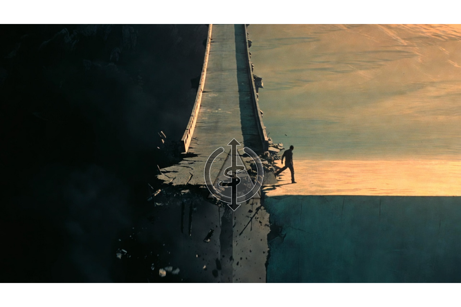 Person walking away from a crumbling bridge toward solid ground, symbolizing choosing self-preservation over destructive loyalty and ending self-abandonment.