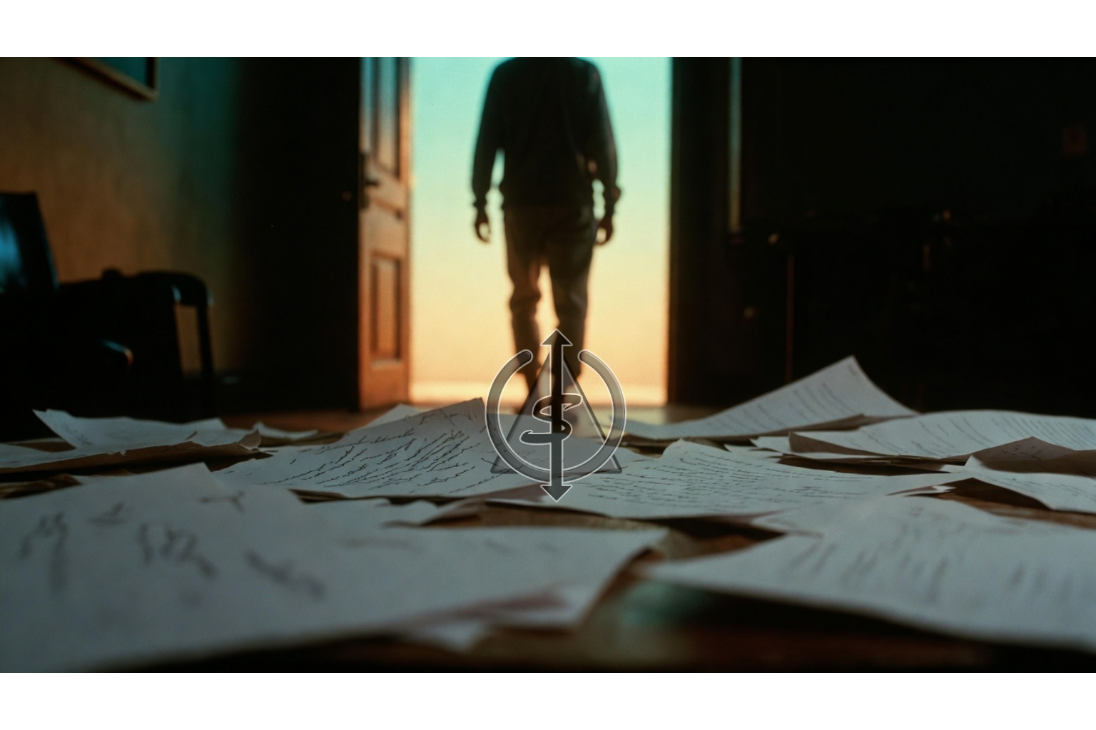 Person walking away from a table covered in messy written pages toward a bright doorway, symbolizing leaving other people’s stories about you behind without trying to edit them.