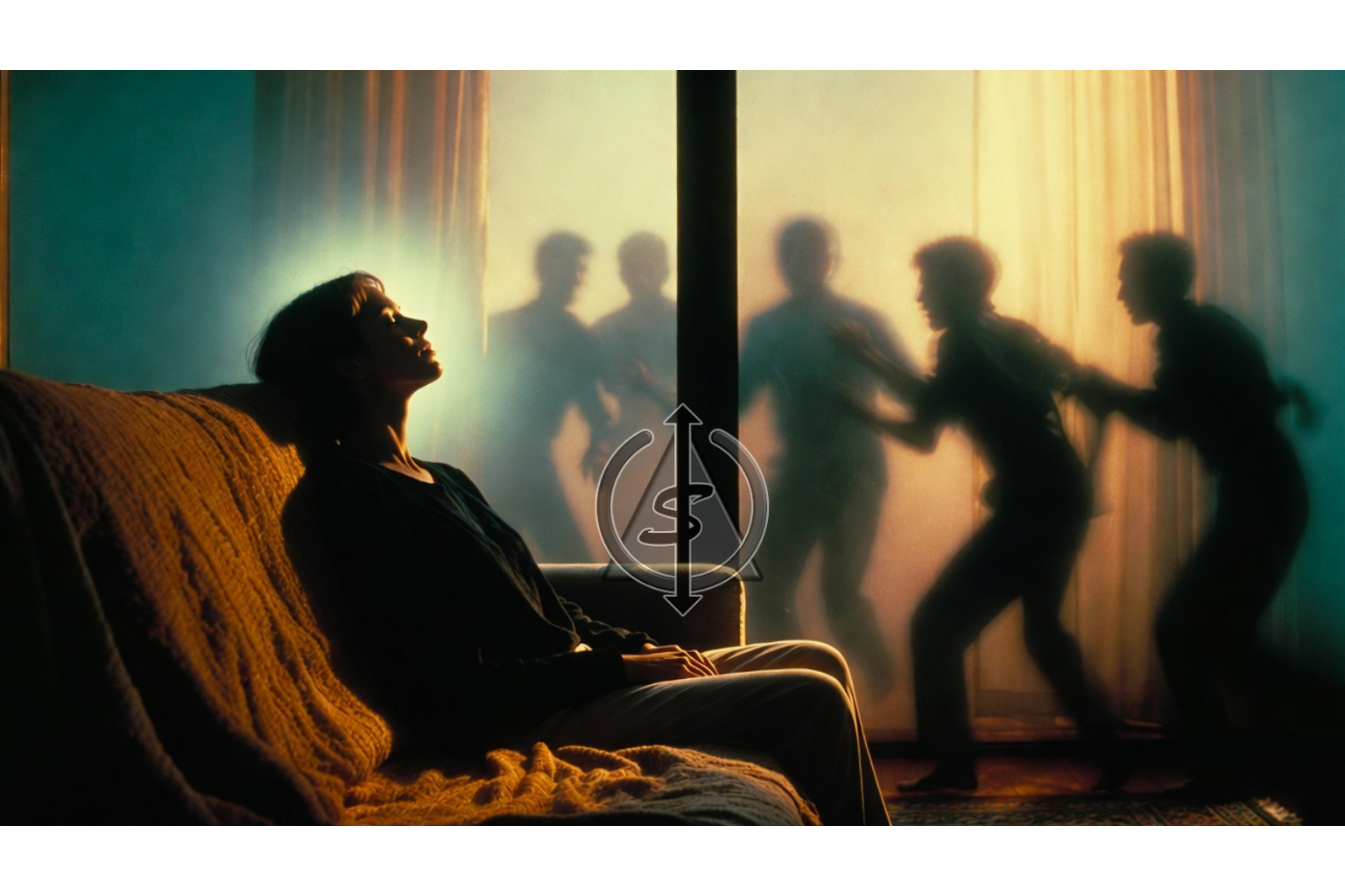 Person sitting calmly in a softly lit room while blurred figures outside look chaotic, symbolizing being called the villain for protecting your peace.