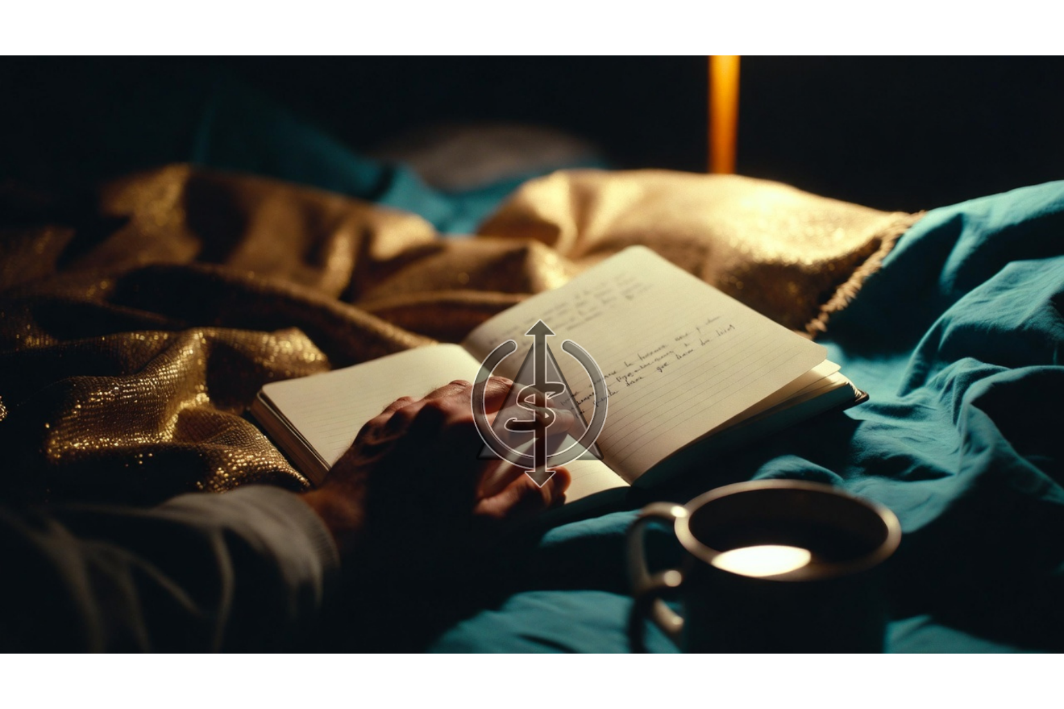 Person sitting in warm lamplight with an open notebook and mug, reflecting on their inner voice during a quiet ordinary evening.