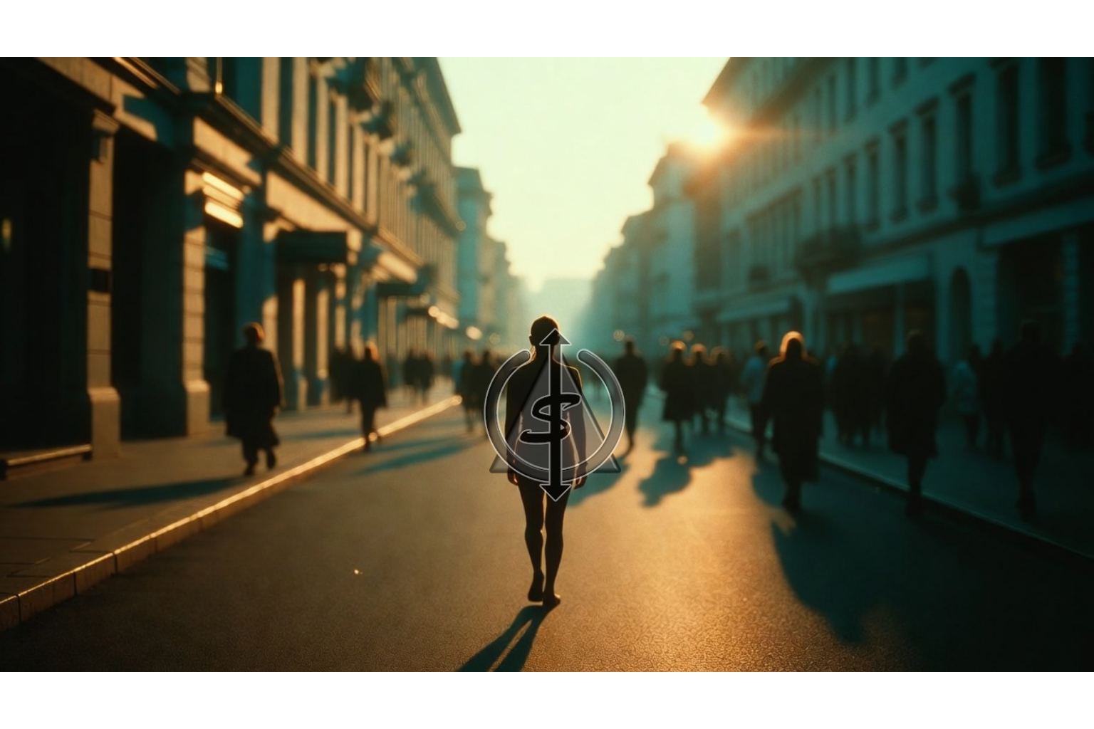 Person walking alone in warm evening light away from a distant crowd, symbolizing quietly stepping out of the chase for other people’s approval.