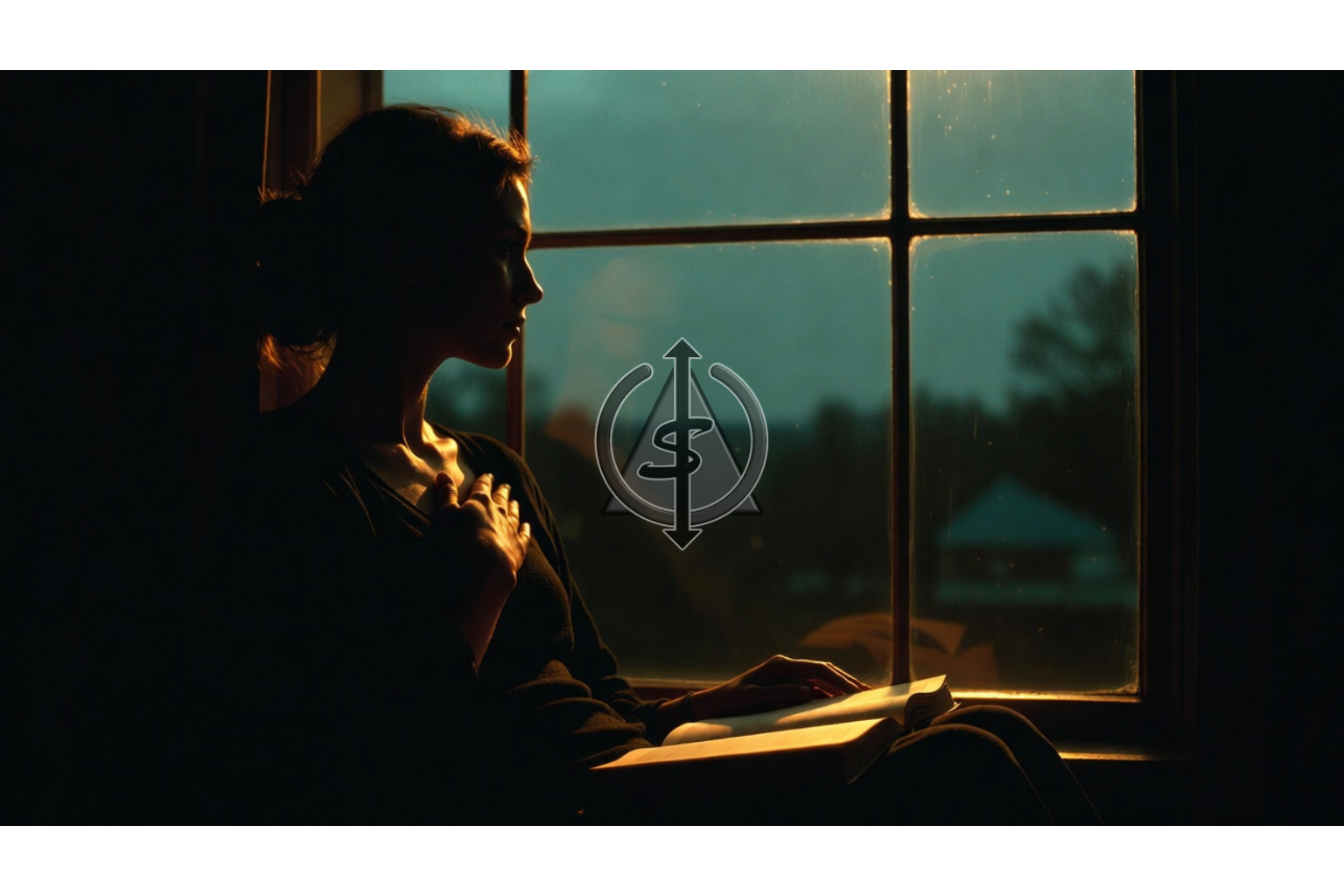 Person sitting by a window at dusk with a journal and open Bible, hand over their heart, reflecting on how their intuition and prayers align about a relationship.