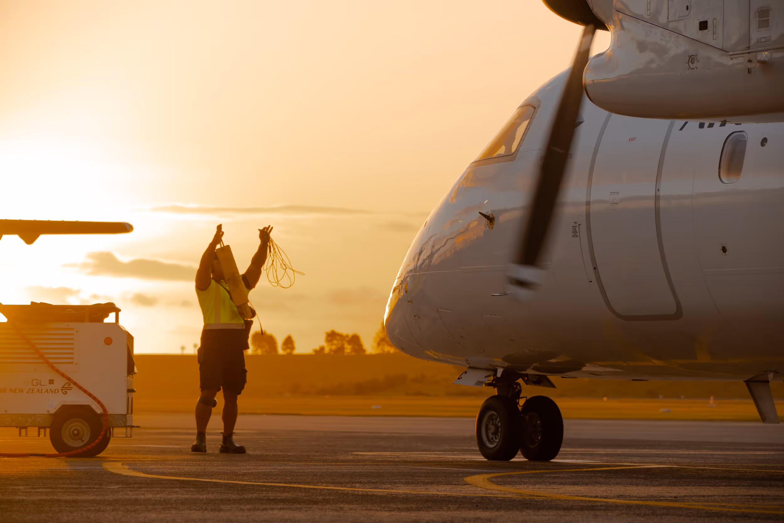 Ground crew member guiding a propeller airplane on the runway during sunset.