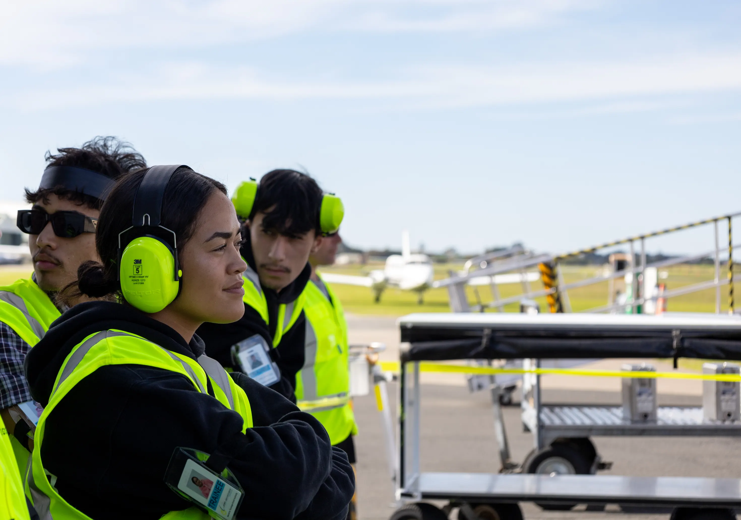 Three airport ground crew members wearing yellow safety vests and ear protection standing near equipment with a small airplane in the background.