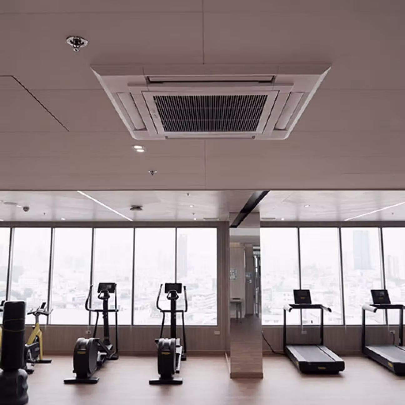 Modern gym interior with exercise bikes, elliptical machines, and treadmills positioned in front of large windows.