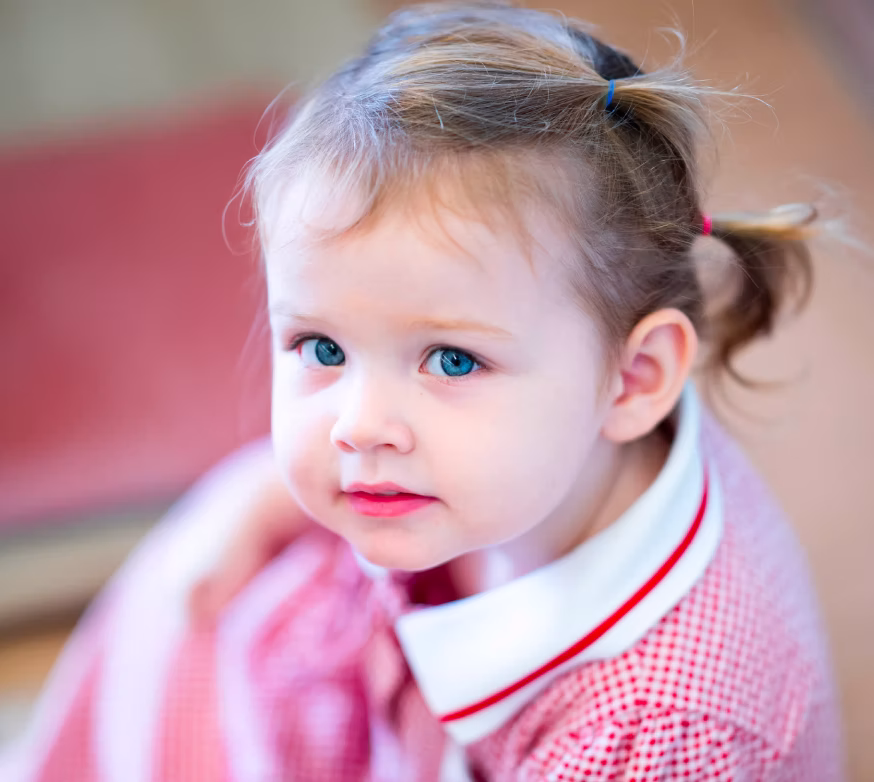 Young girl with blue eyes and light brown hair in pigtails wearing a red checkered shirt with white collar.