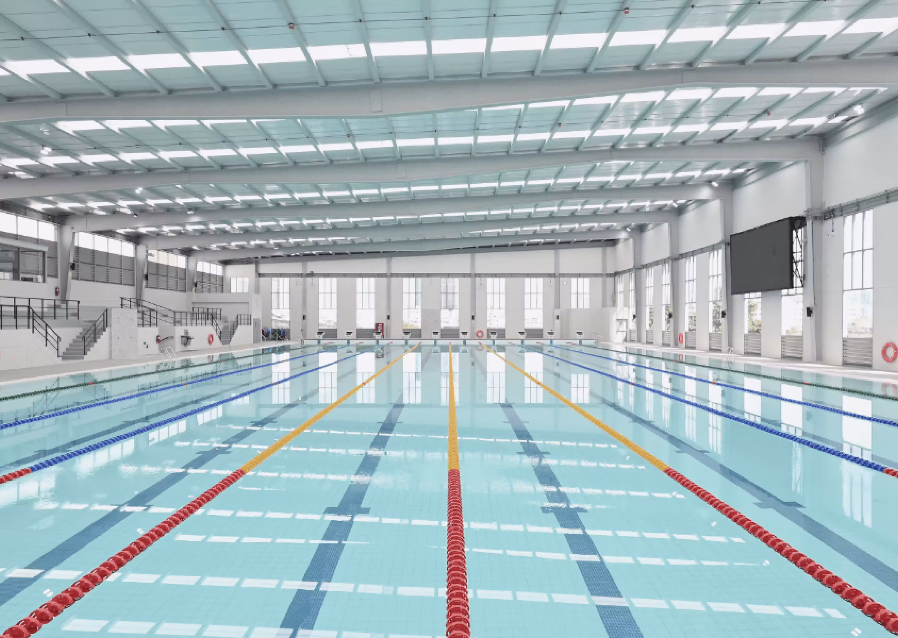 Empty indoor swimming pool with multiple lanes separated by coloured lane dividers under skylights.