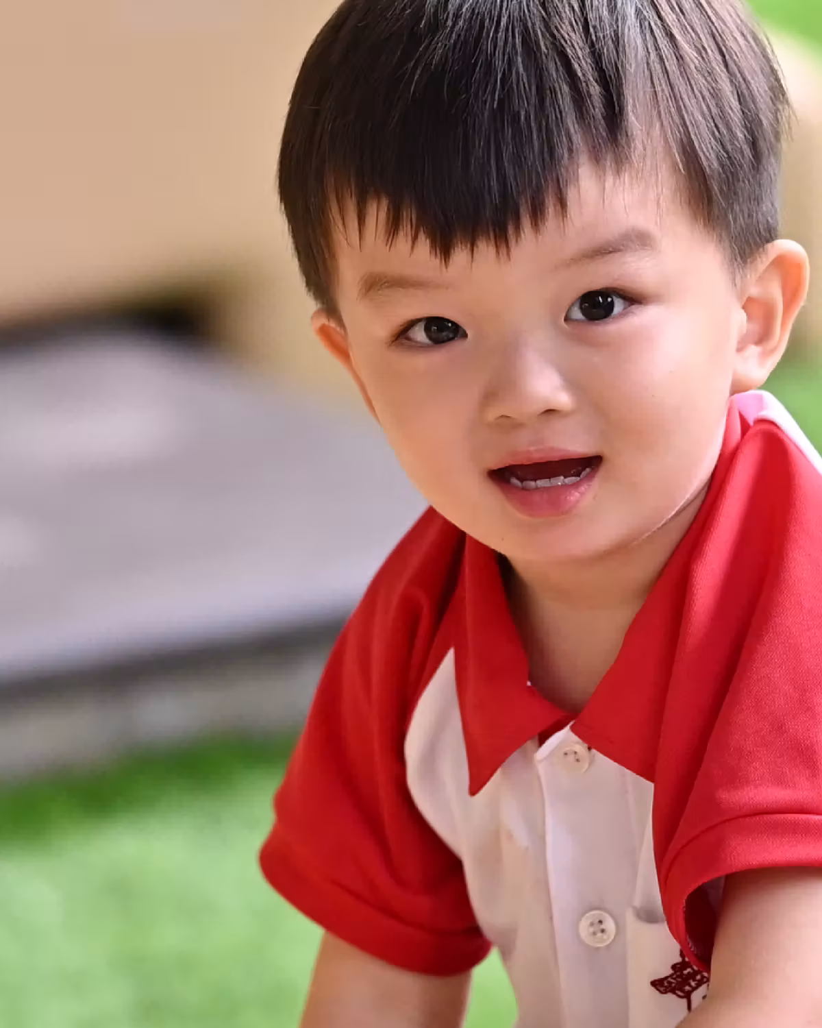 Young boy with short dark hair wearing a red and white collared shirt outdoors.