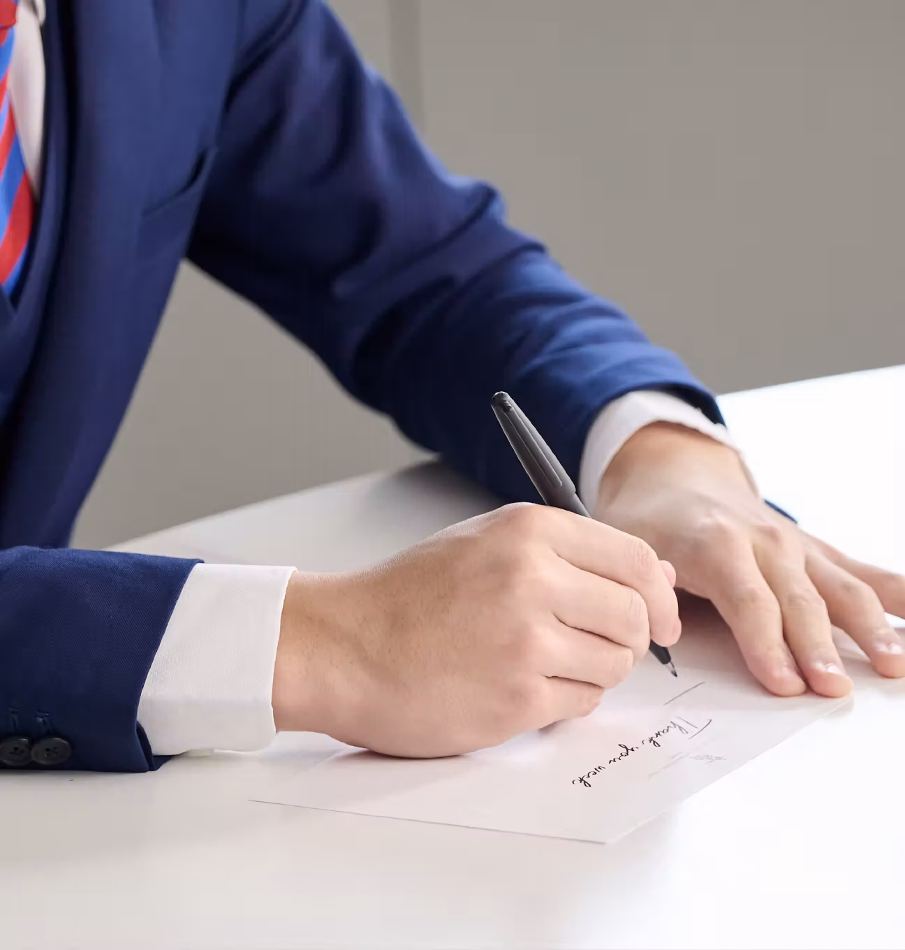 Person in blue suit signing a document on a white table with a black pen.
