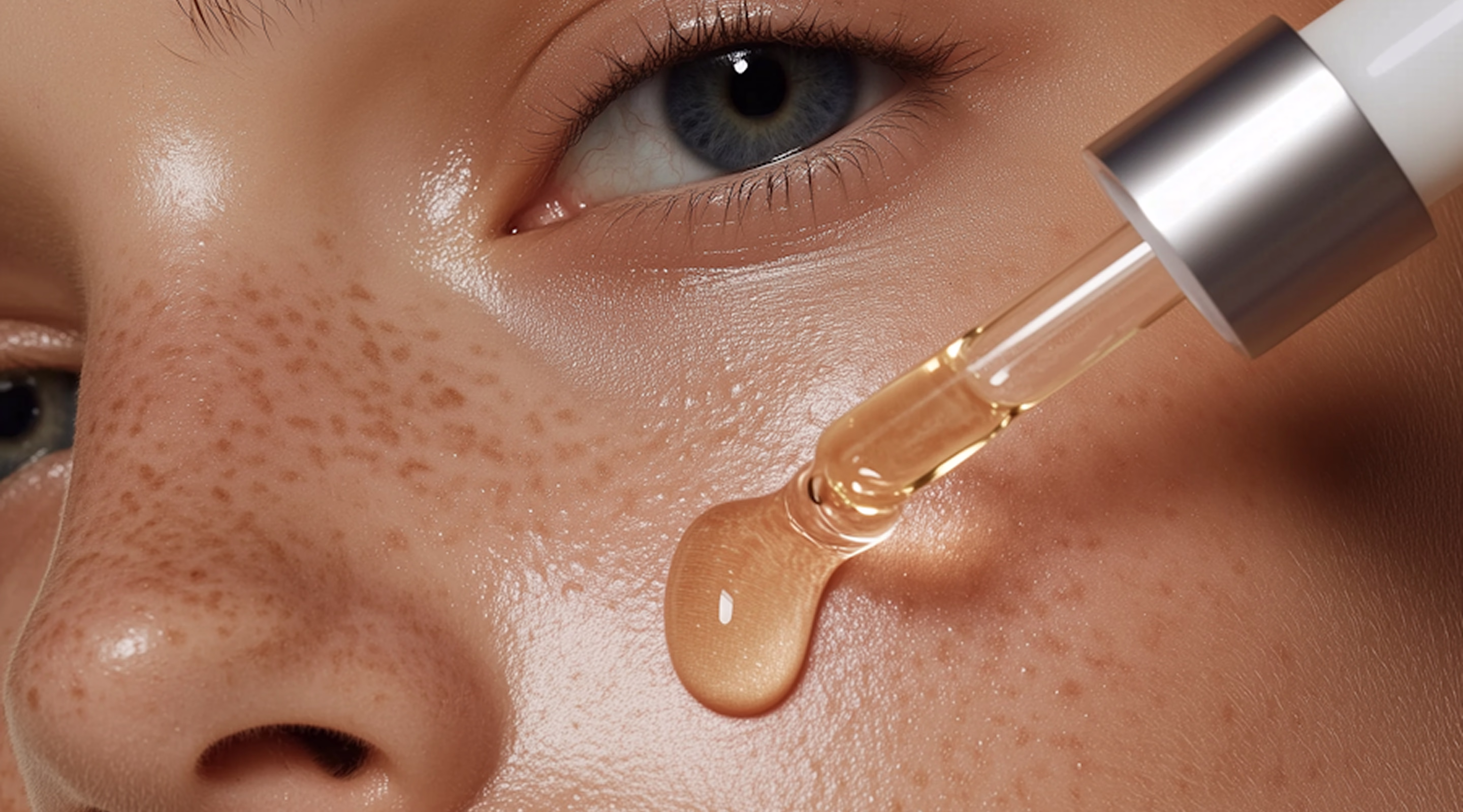 Dropper applying golden serum to freckled skin near a blue eye and nose.