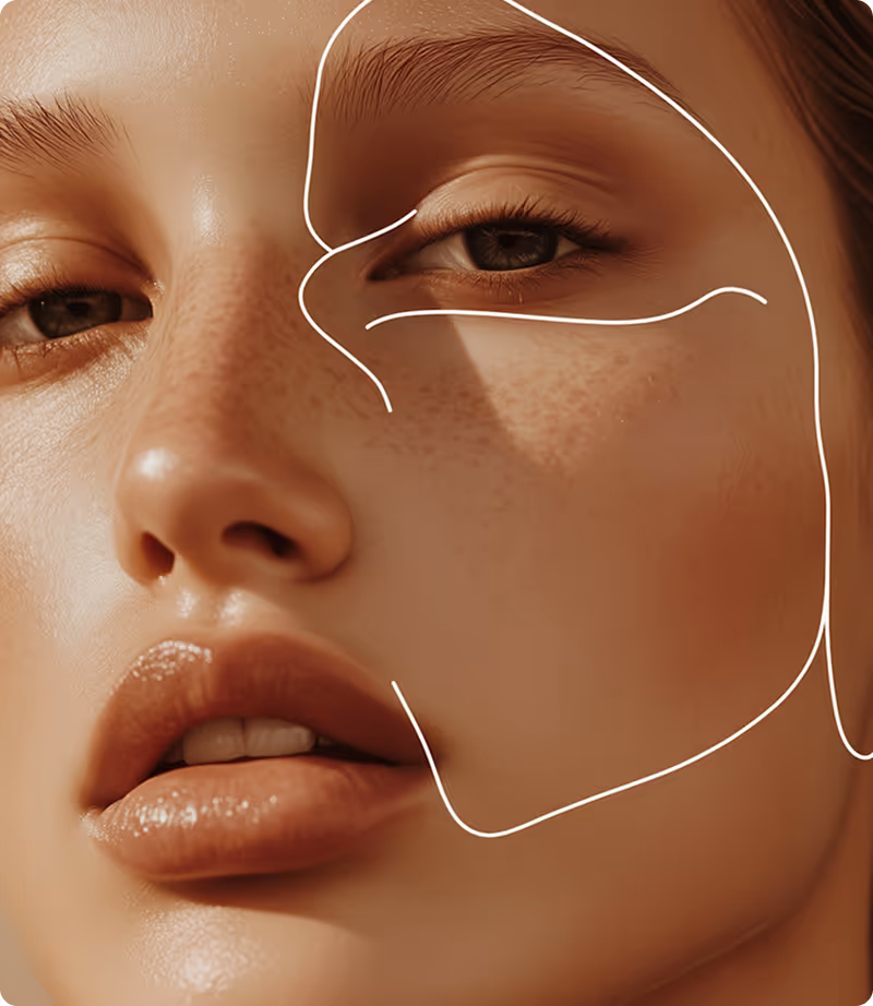 Close-up of a woman's face with smooth skin, light freckles, and subtle white contour lines over her eye and cheek.