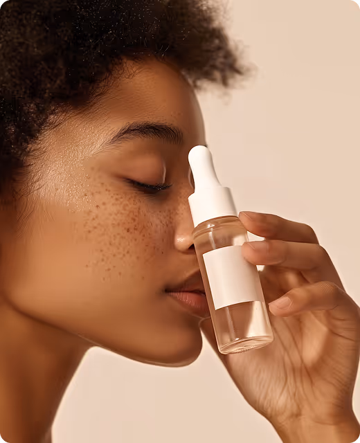 Close-up of a woman with freckles holding and smelling a small clear dropper bottle with a white label and cap.