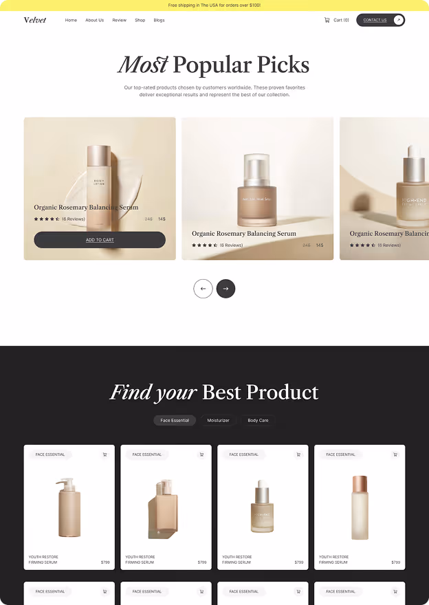 E-commerce webpage displaying 'Most Popular Picks' featuring organic rosemary balancing serum bottles with star ratings and prices, and a 'Find your Best Product' section showing various face essential serums with prices.