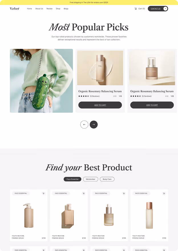 E-commerce webpage section showing Most Popular Picks with Organic Rosemary Balancing Serum product cards and a model wearing a green cucumber-shaped purse.