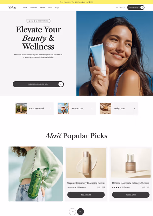 Website homepage for Velvet beauty products featuring a smiling woman with cream on her face holding a lotion tube, product categories Face Essential, Moisturizer, Body Care, and popular organic rosemary balancing serum products.