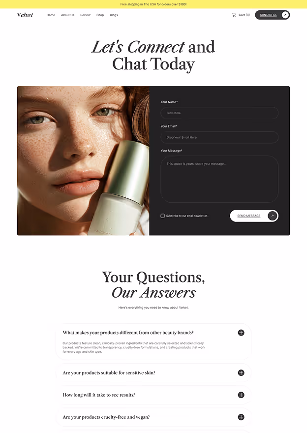 Website contact page showing a close-up of a woman holding a skincare product next to a dark contact form with fields for name, email, and message, and a Q&A section below titled Your Questions, Our Answers.