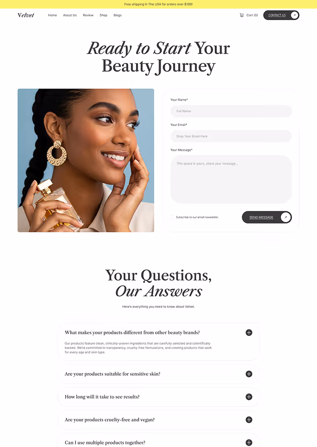 Website contact page featuring a smiling woman holding a perfume bottle, with a form to enter name, email, and message, and a FAQ section about beauty products below.