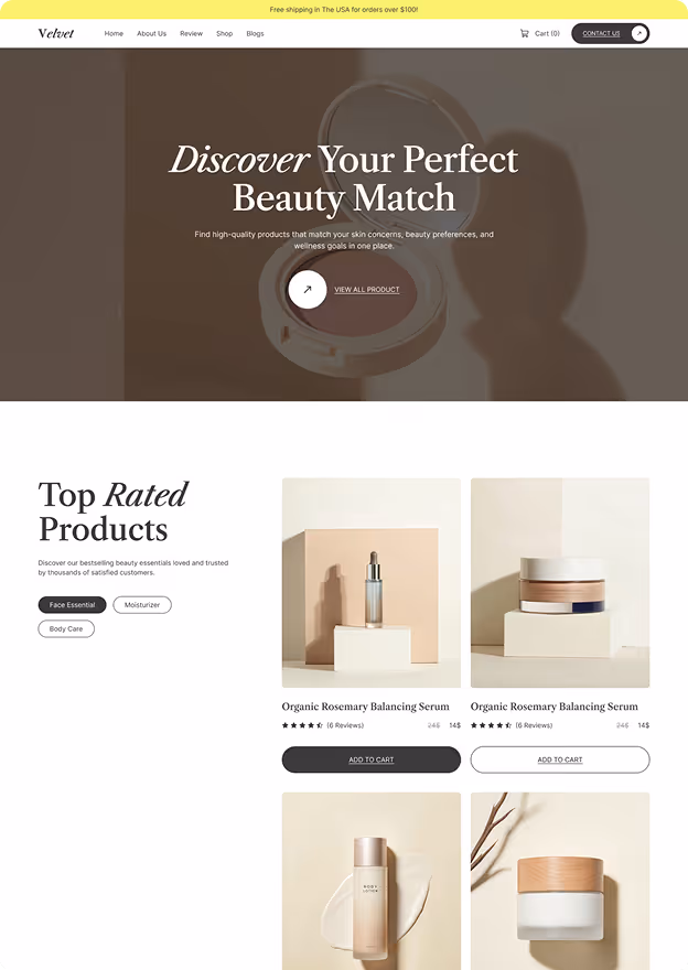 Website homepage for Velvet beauty products featuring 'Discover Your Perfect Beauty Match' banner and top rated skincare products with images and add to cart buttons.