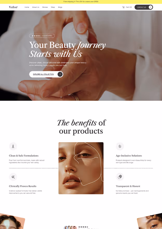 Close-up of hands applying skincare product with text 'Your Beauty Journey Starts with Us' and features of skincare benefits around a woman's face with outline drawing.