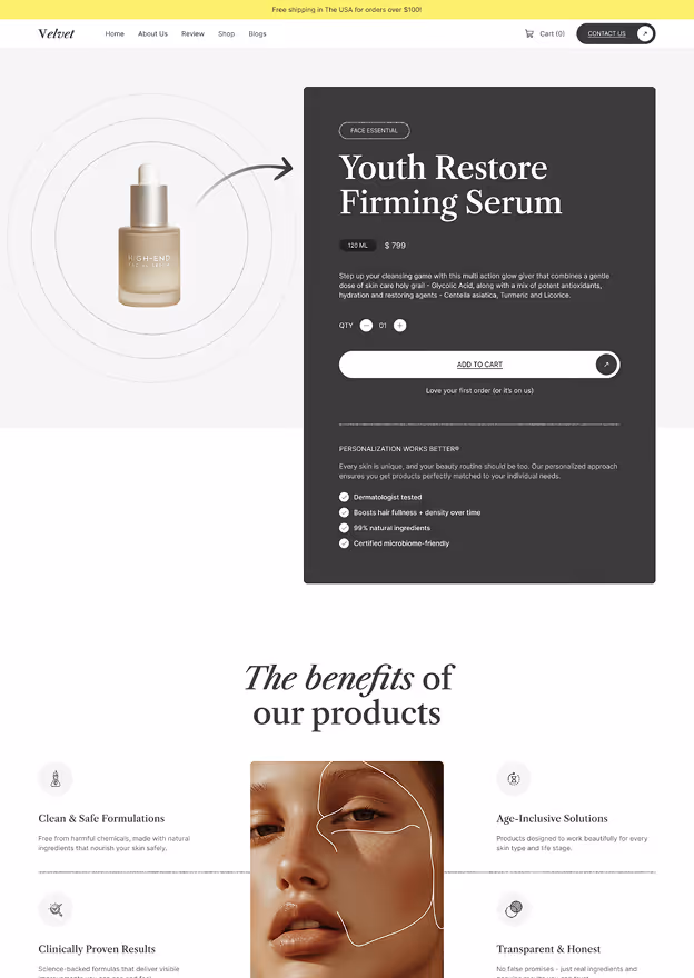 E-commerce page displaying Youth Restore Firming Serum with product details, price, quantity selector, add to cart button, and benefits of clean formulations, age-inclusive solutions, proven results, and honesty.
