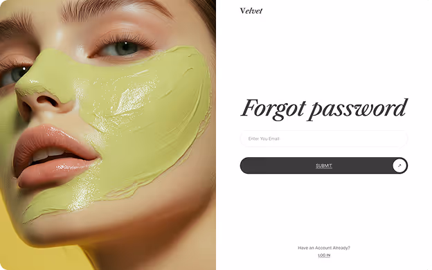 Close-up of a woman's face with green facial mask applied on her cheek and nose, beside a 'Forgot password' form with email input and submit button.