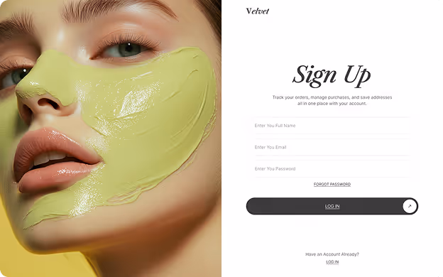 Close-up of a woman with a green facial mask applied on her face beside a sign-up form on a white background.