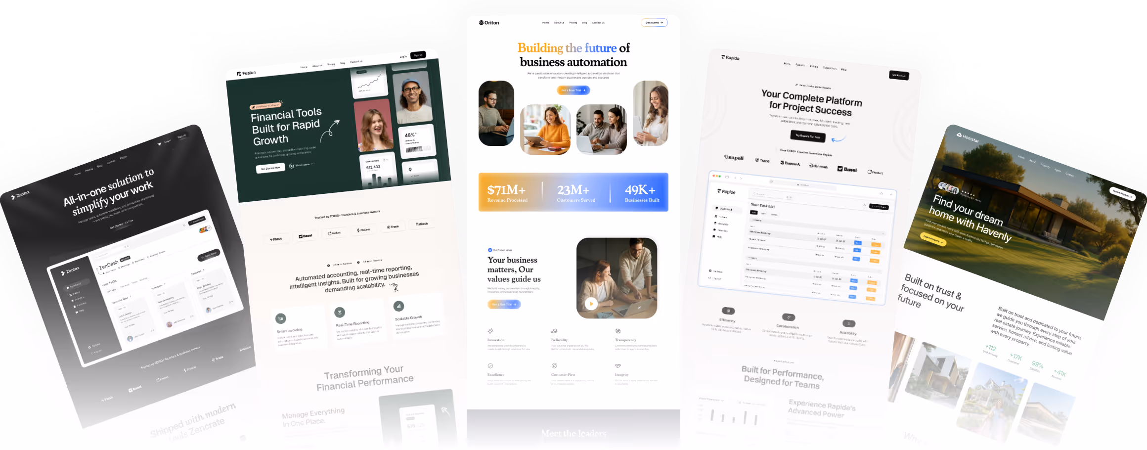 Collage of five website homepage screenshots showcasing business automation, financial tools, project management, real estate, and workflow solutions.