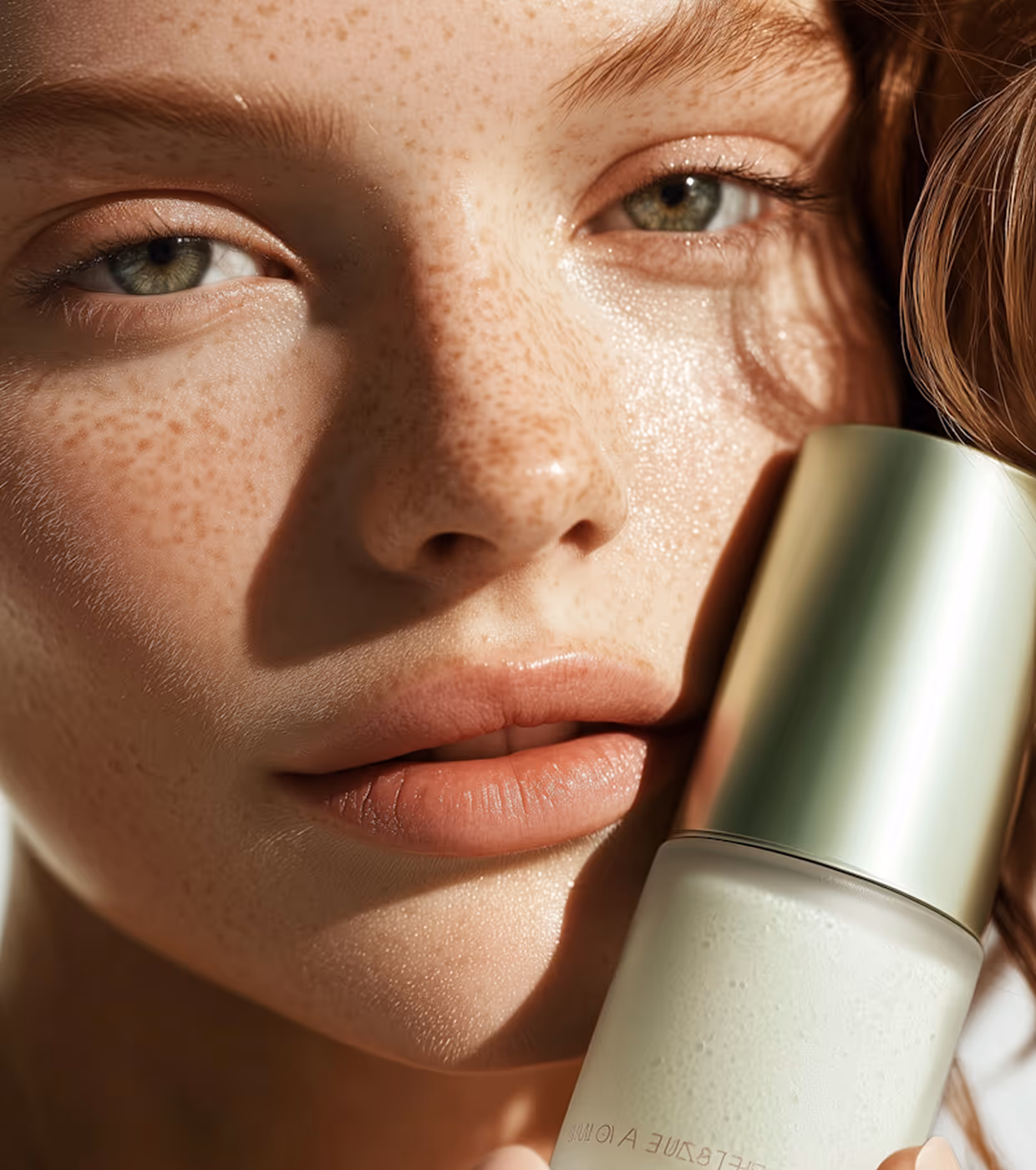 Close-up of a woman with freckles holding a frosted glass cosmetic bottle with a metallic cap near her lips.