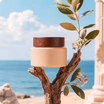 Cream-colored cosmetic jar with wooden lid placed on tree branch against a seaside background.