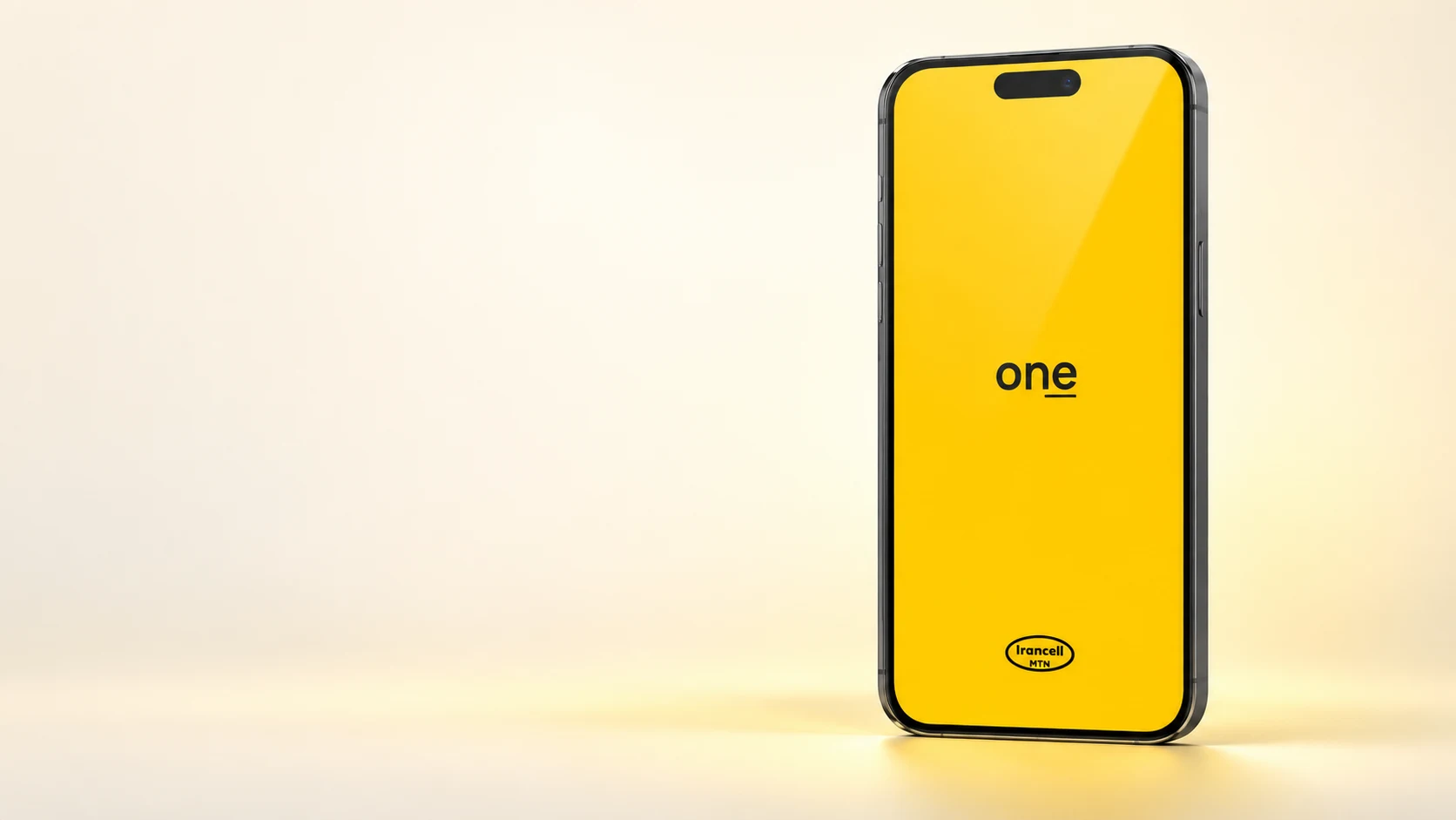 Irancell One yellow splash screen displayed in a phone mockup