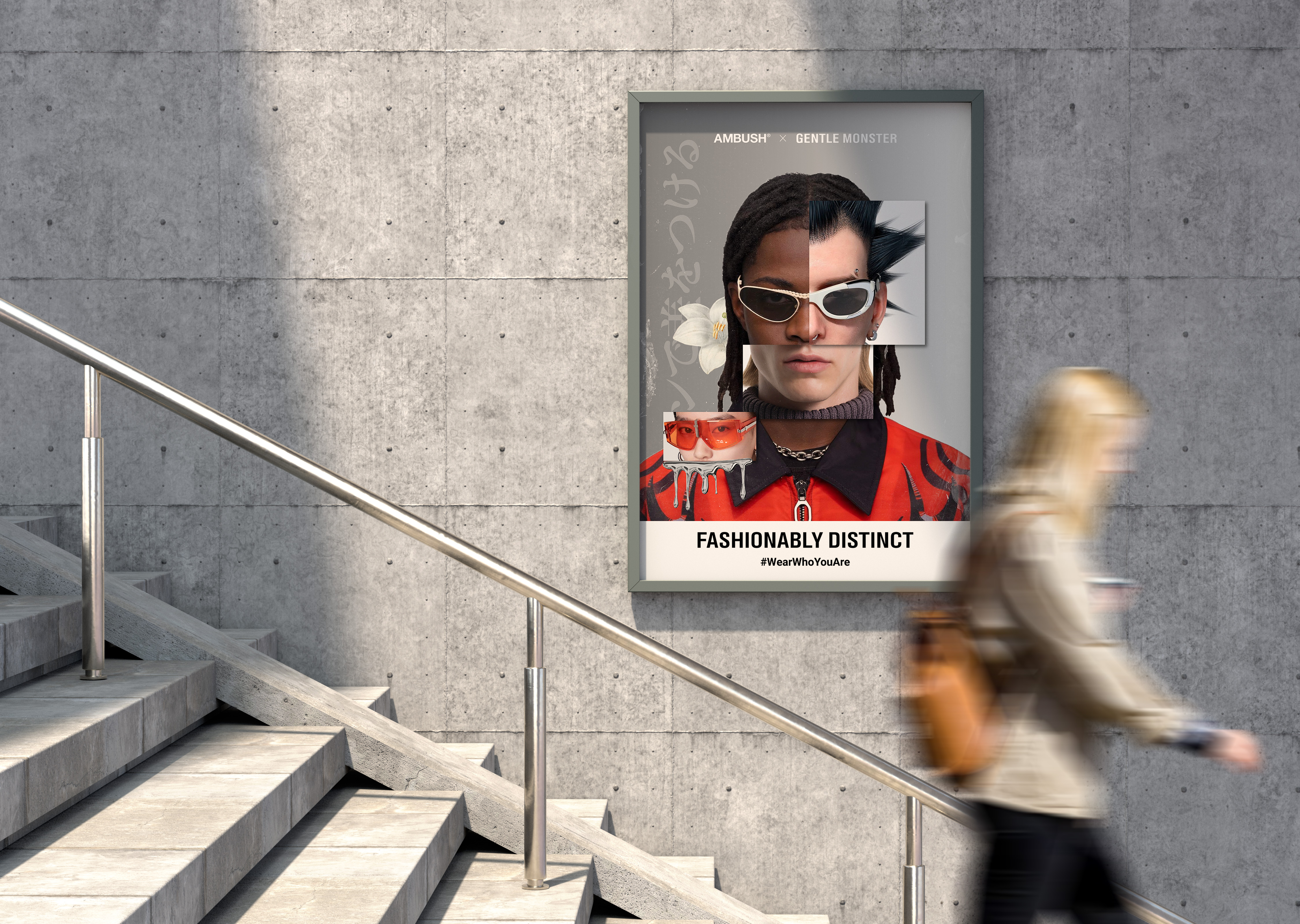 Gentle Monster campaign poster displayed in a public stairwell