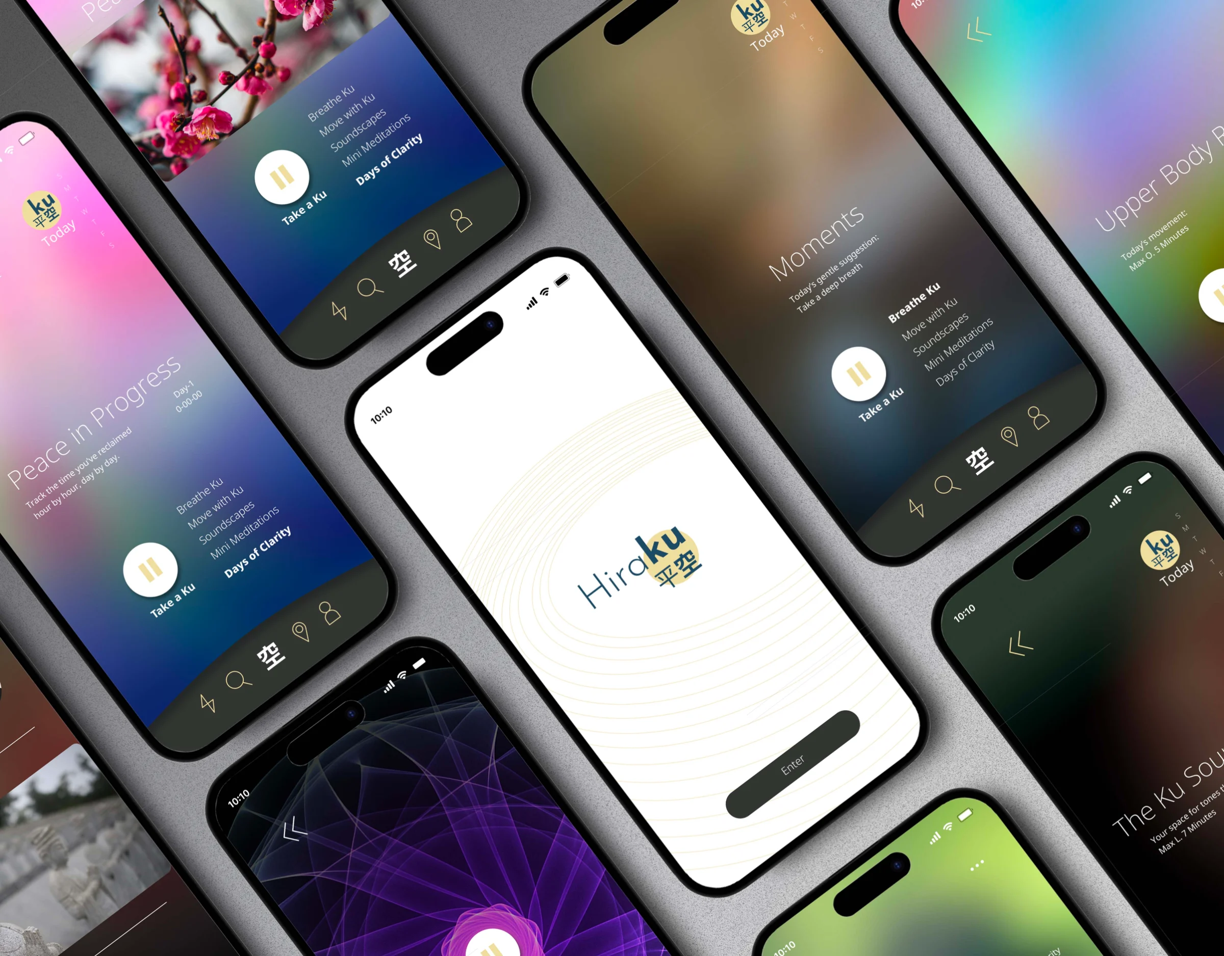 Hiraku wellness interface presented in phone mockups