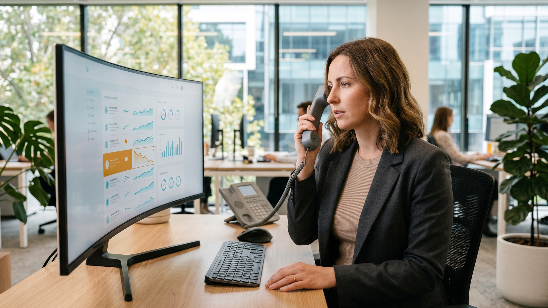 Business professional reviewing a customer account dashboard, reaching for the phone after spotting a declining order trend flagged among steady customer accounts.