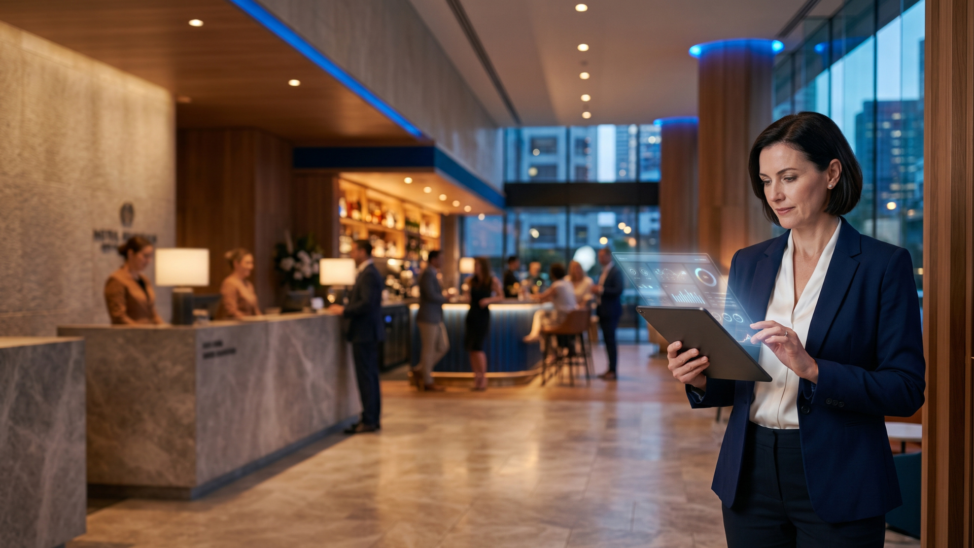 Hospitality CFO reviewing a financial dashboard on a tablet in a hotel lobby, with the reception desk and lounge bar in the background
