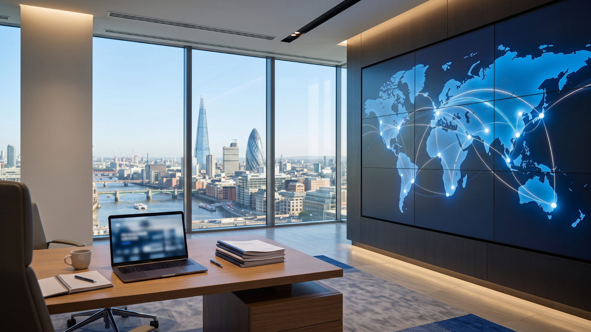 Modern finance office with a wall display showing a world map linking hotel locations across countries, representing global hospitality group consolidation