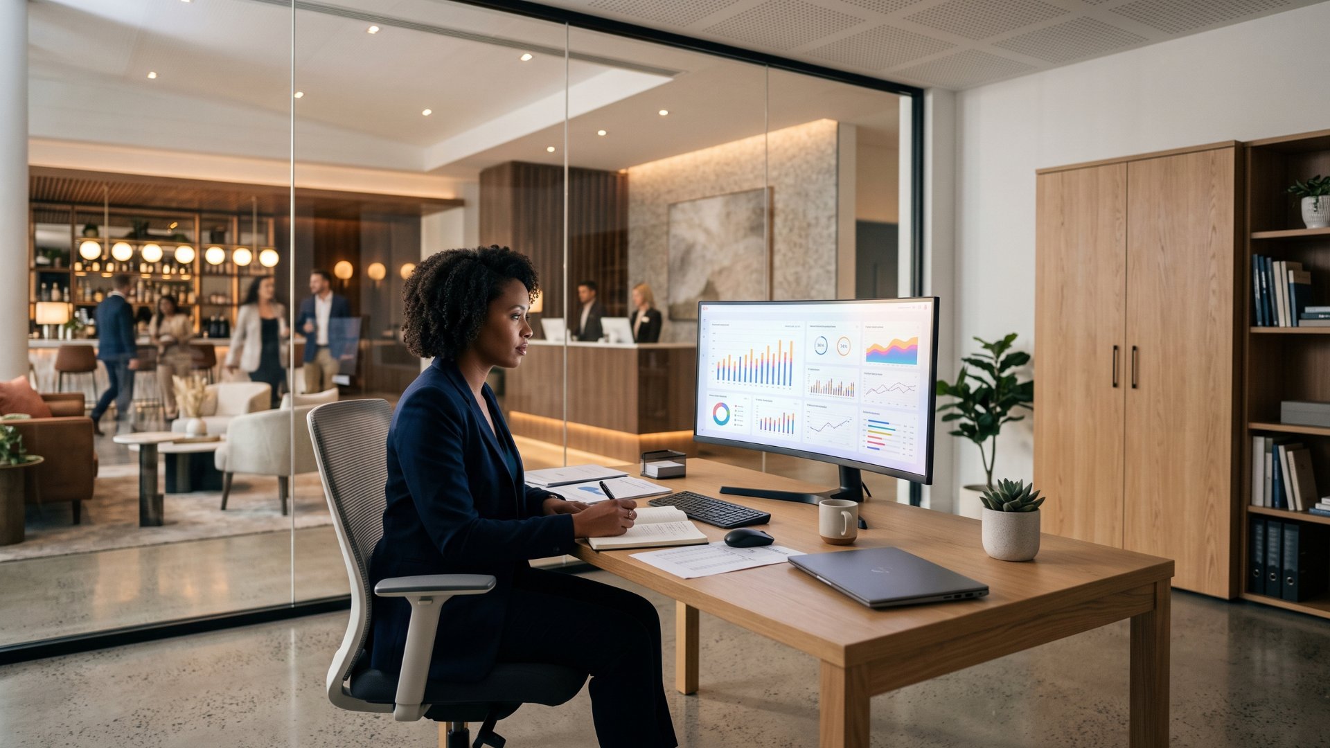 Finance manager reviewing a consolidated performance dashboard for multiple hotel venues, with a hotel lobby in the background.