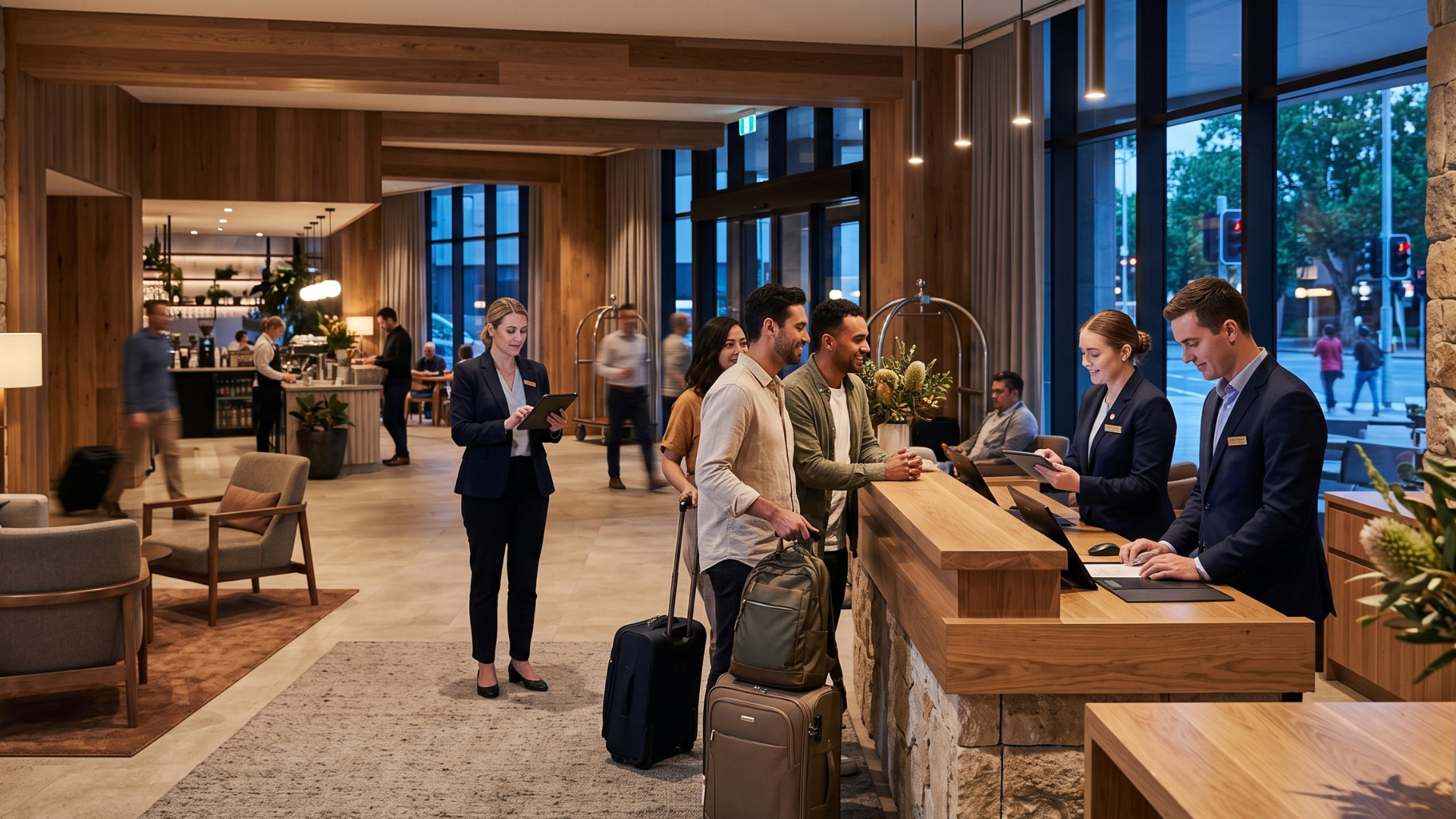 Hotel front desk staff checking in a group of guests while a manager reviews operations on a tablet in a busy lobby