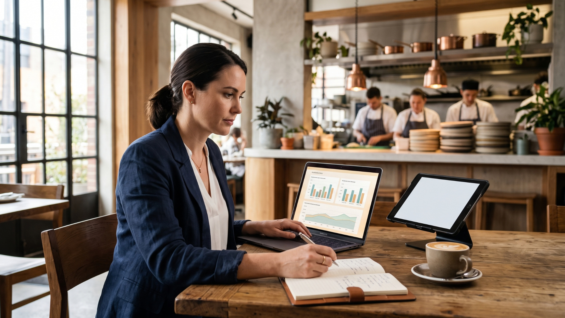 Restaurant group manager reviewing consolidated sales and cost reports for multiple venues on a laptop in a modern restaurant