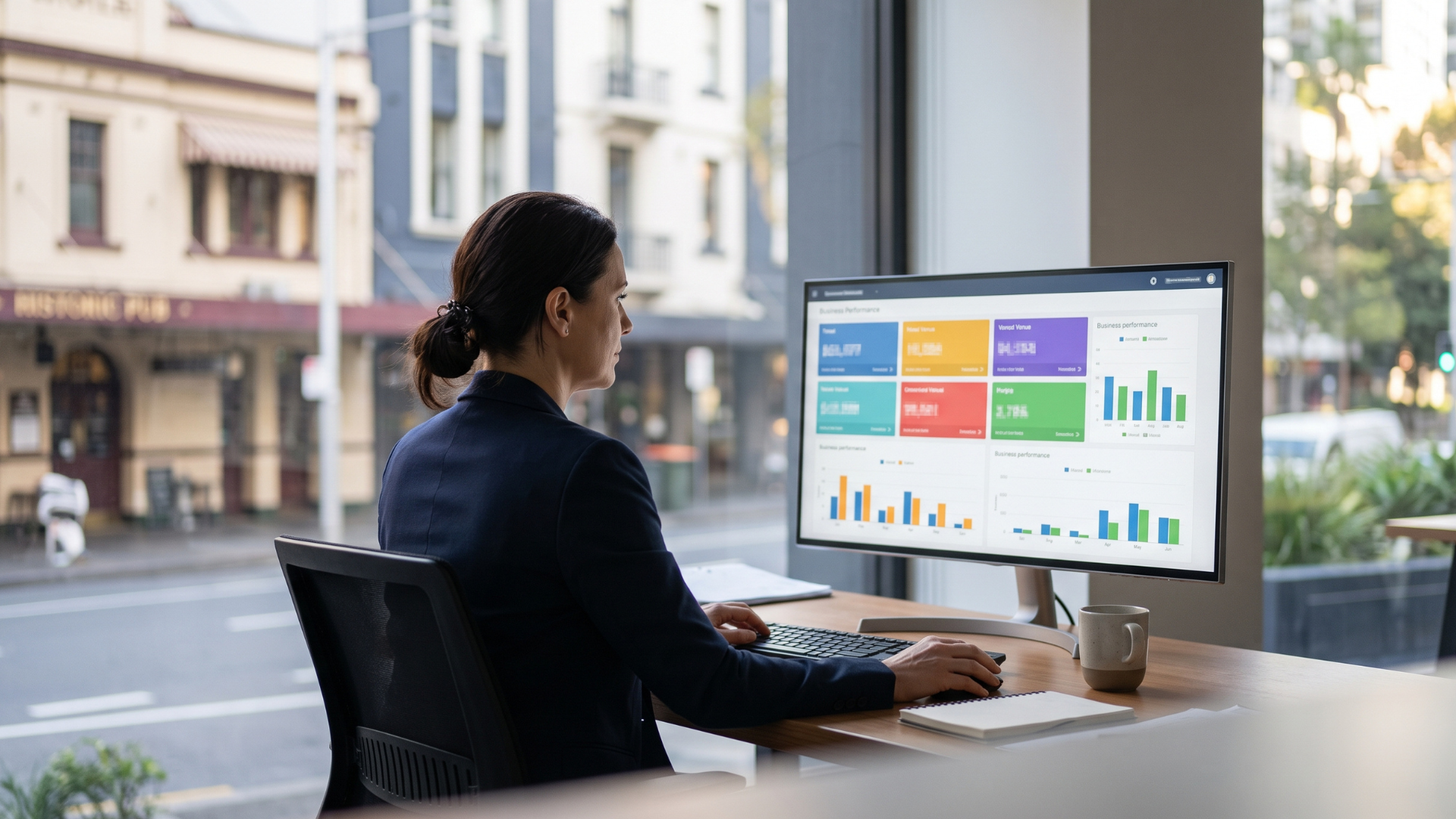 Hotel group finance manager reviewing a consolidated dashboard covering multiple hotel locations
