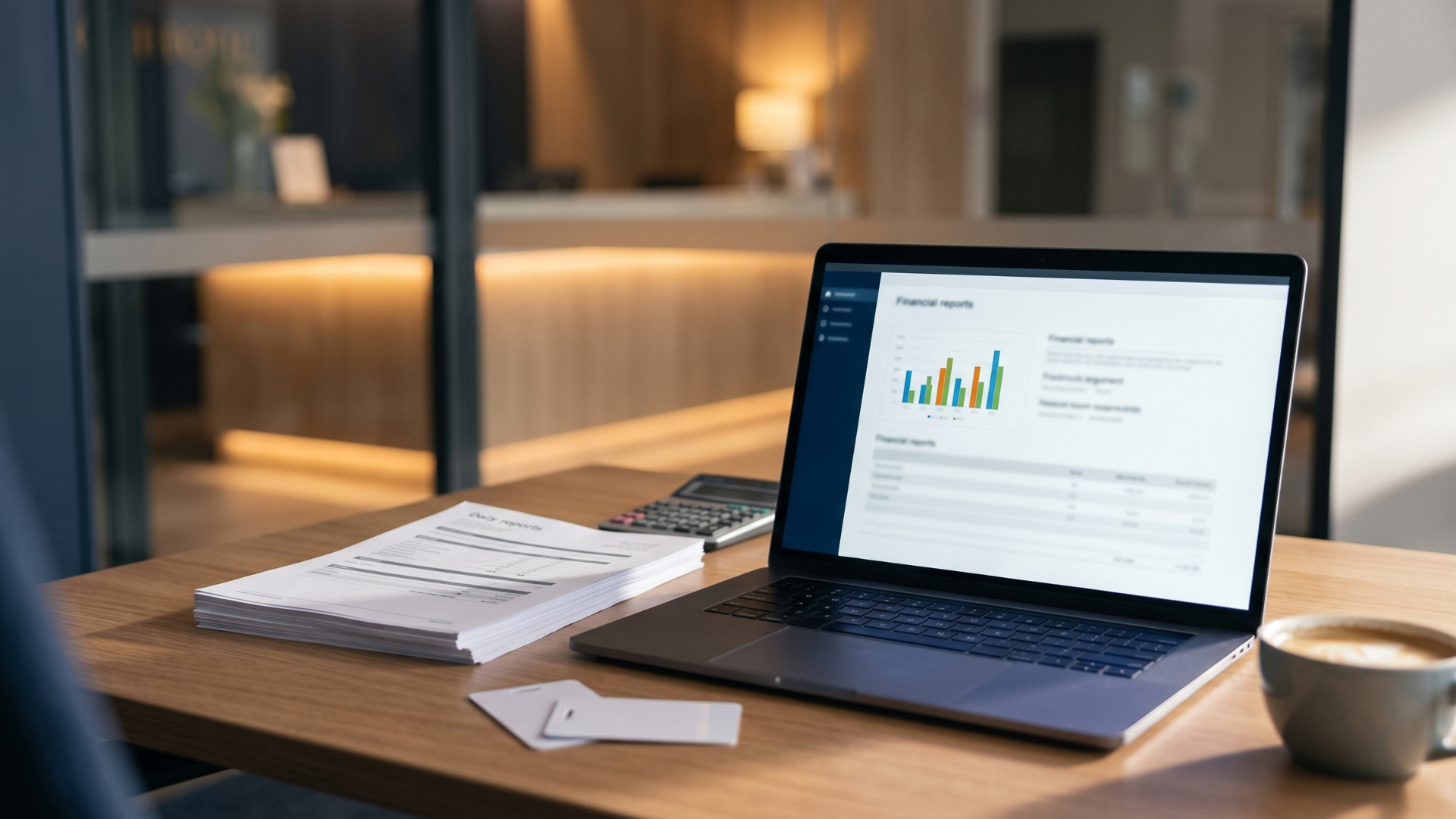 Laptop showing financial reports beside printed daily reports, a calculator and room key cards on a hotel back office desk