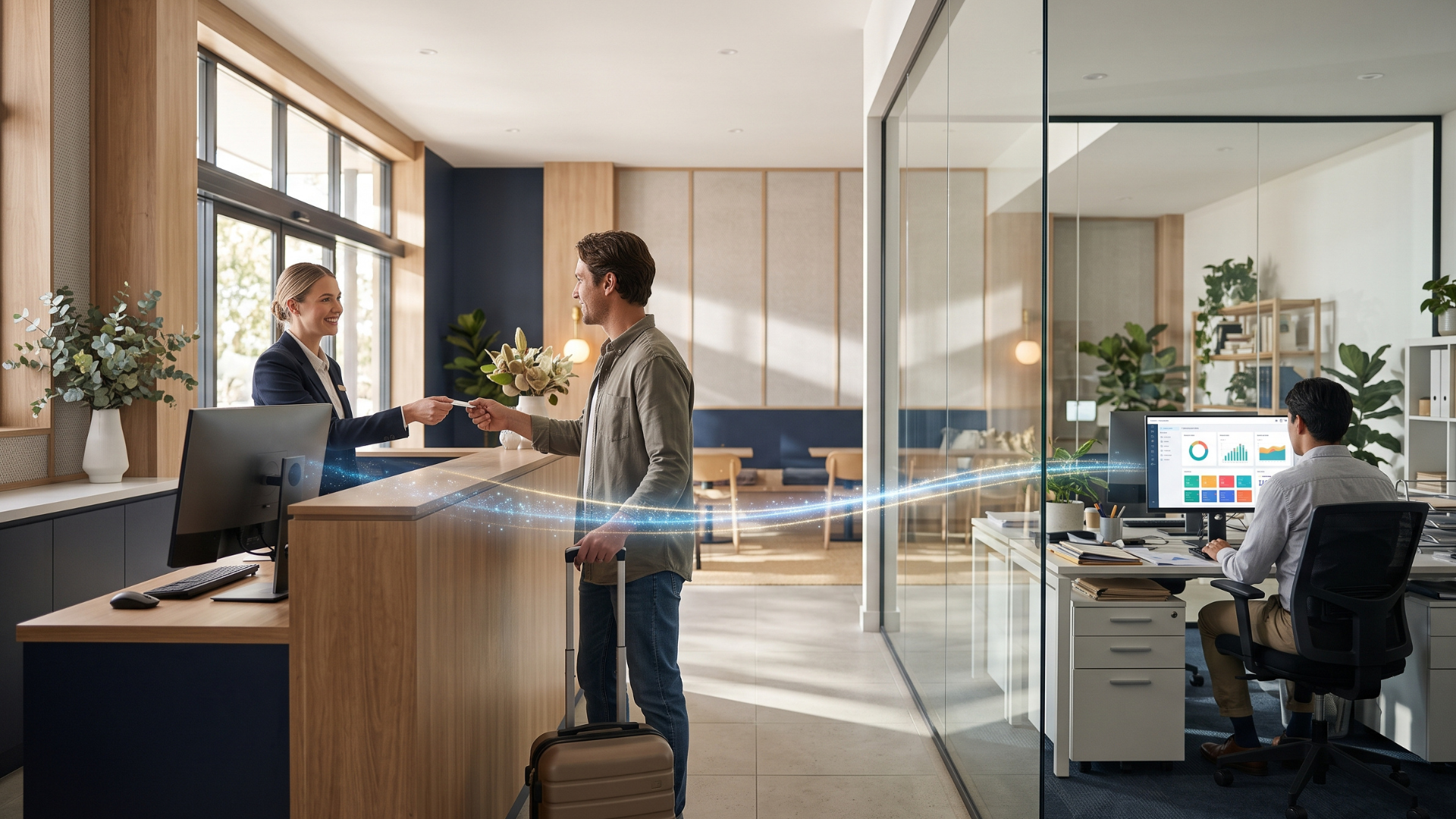 Hotel receptionist checking in a guest at the front desk while a finance team member reviews revenue reports in the back office
