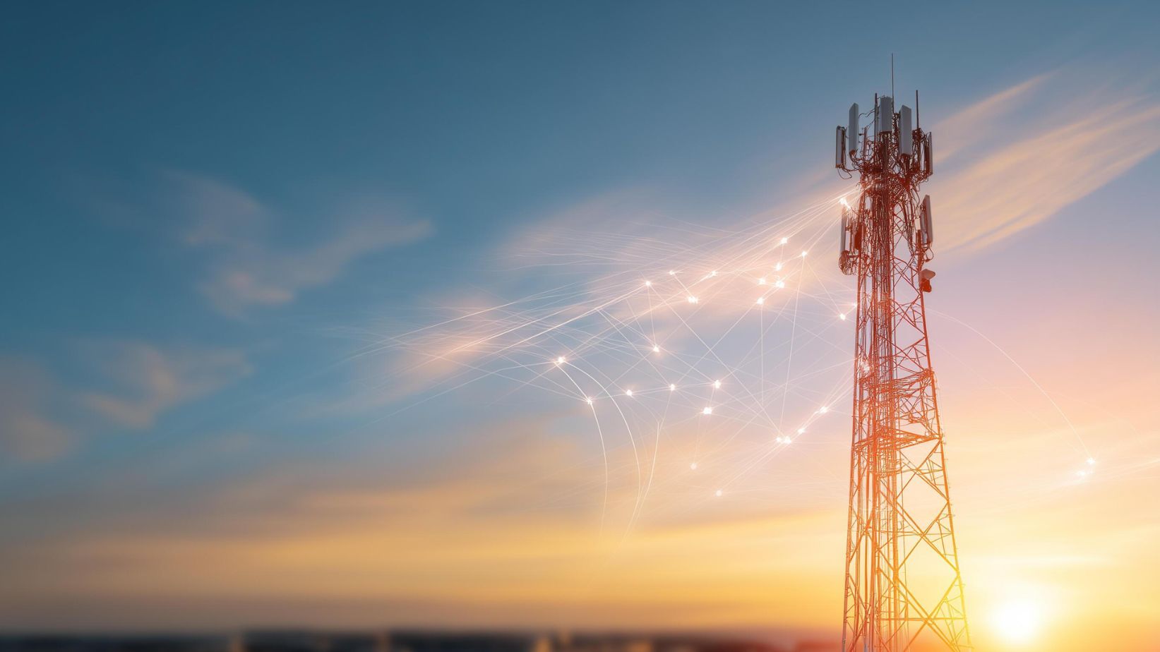 Telecommunications tower at sunset with glowing network connection lines