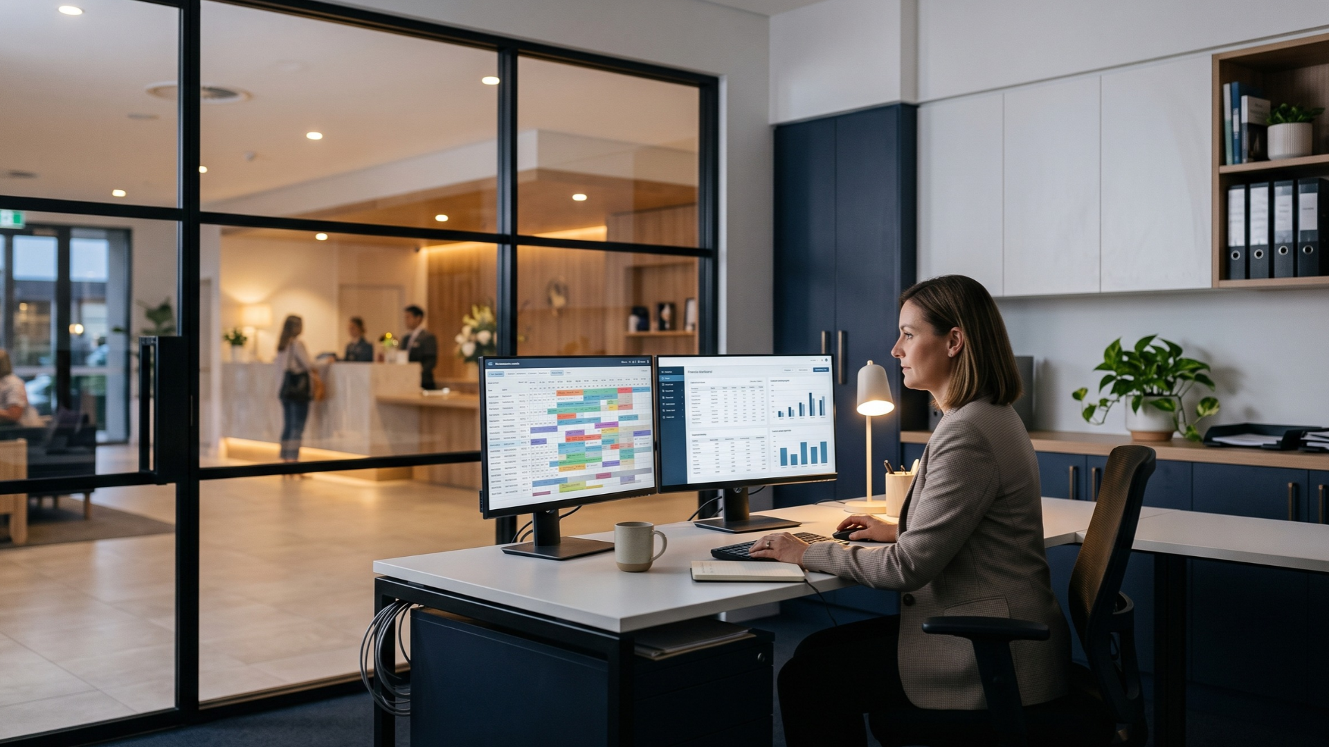 Hotel finance manager comparing a reservations system and a group financial dashboard on two monitors, with the hotel front desk in the background.